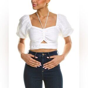 NWT BODEN 100% LINEN Halter Neck Cut Out Crop Top Puff Sleeve Smocked Back Sz 6